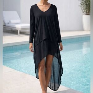 Stillwater Black Sheer Long Sleeve Swim Cover Up Tunic Minimalist High Low Dress